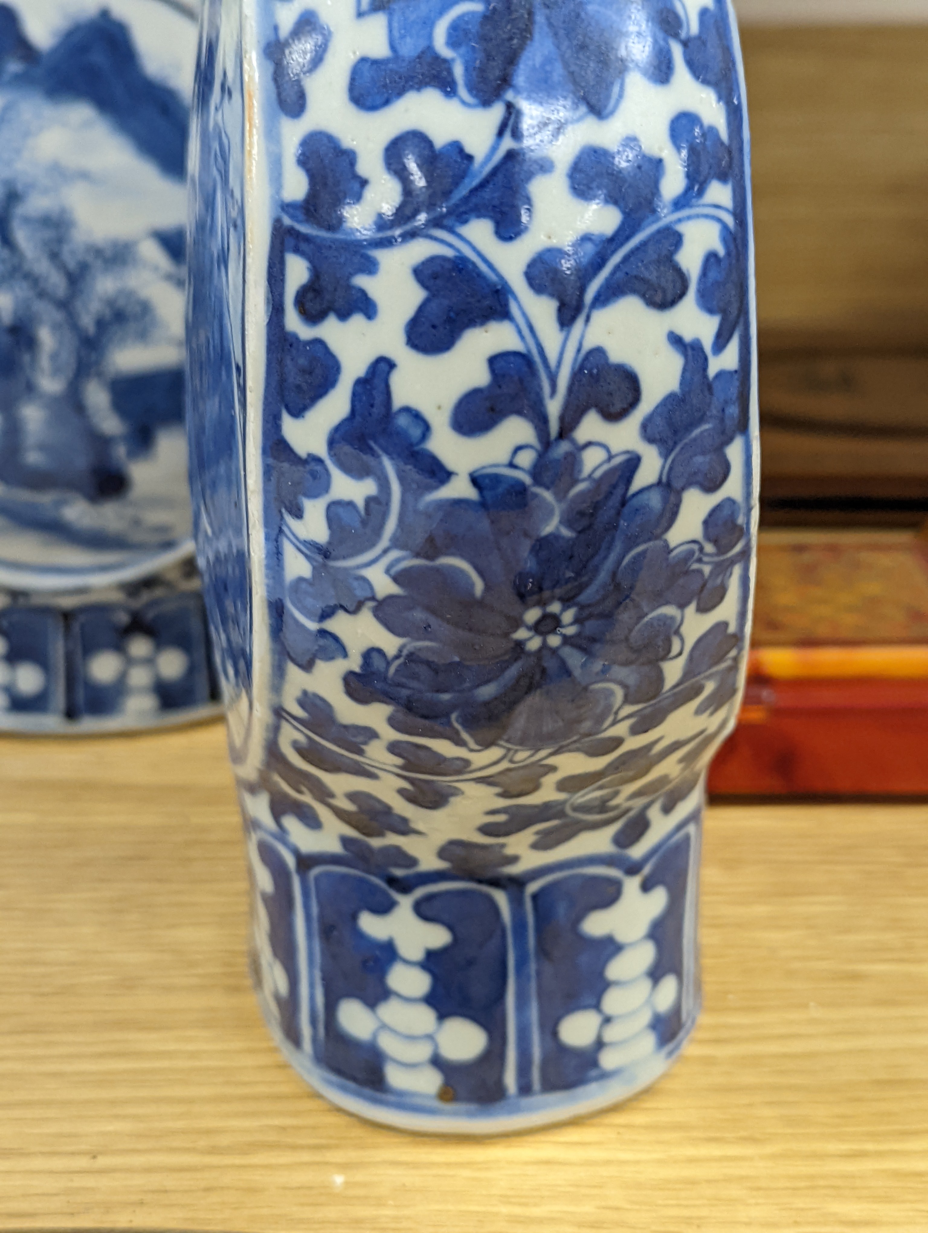 Three 19th century Chinese blue and white Moon flasks, tallest 31 cms.